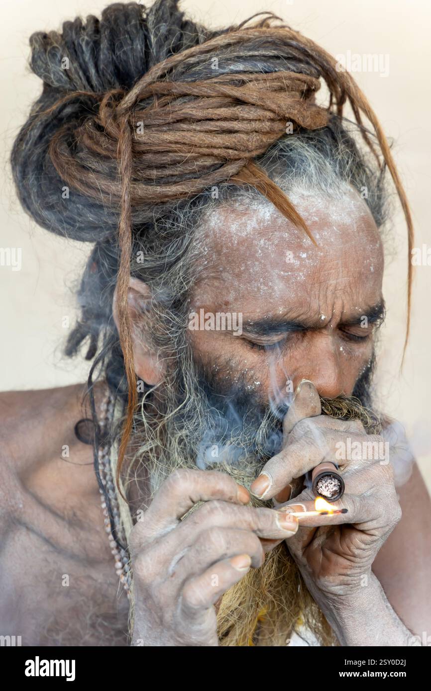il santo indù spirituale che accende la canna di marijuana a mahakumbh mela Foto Stock