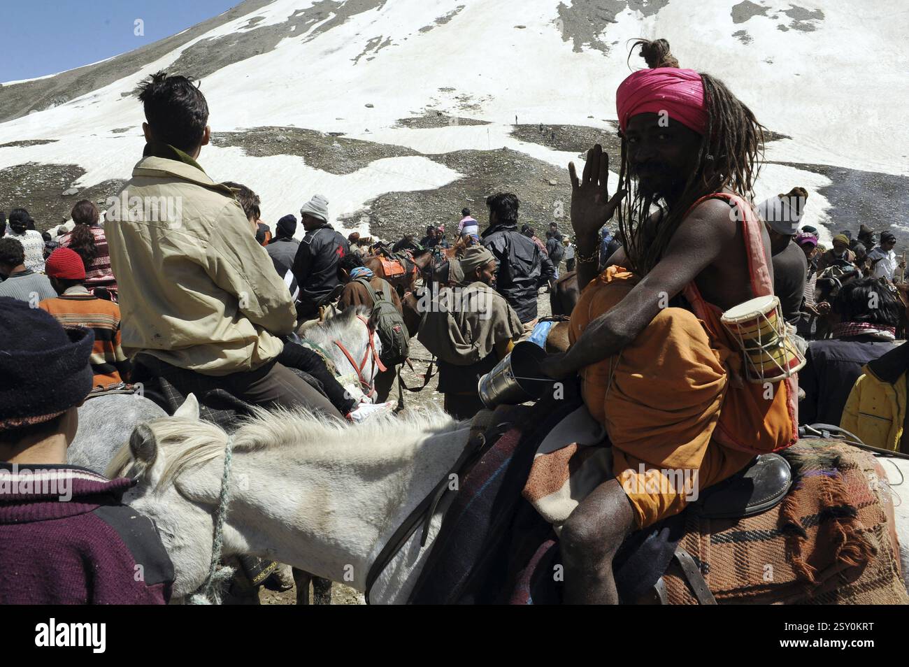 Pilgrim, passo di mahagunas, amarnath yatra, Jammu Kashmir, India, Asia Foto Stock