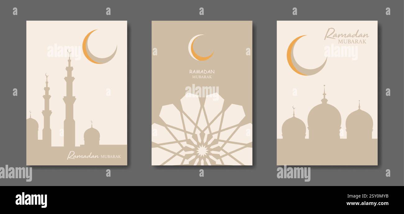 Scheda vettoriale A4 Ramadan Mubarak. poster delle vacanze con testo, simbolo islamico, luna crescente e moschea. Banner vettoriale religione musulmana, volantino, Illustrazione Vettoriale