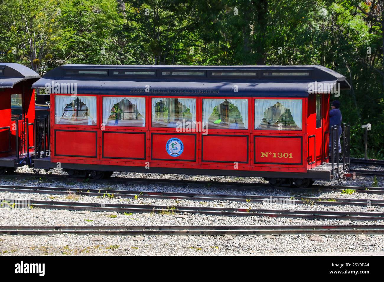 Carro del Tren del fin del Mundo ("treno della fine del mondo") o ferrovia Fuegia meridionale vicino a Ushuaia nella provincia di Arg della Terra del fuoco Foto Stock