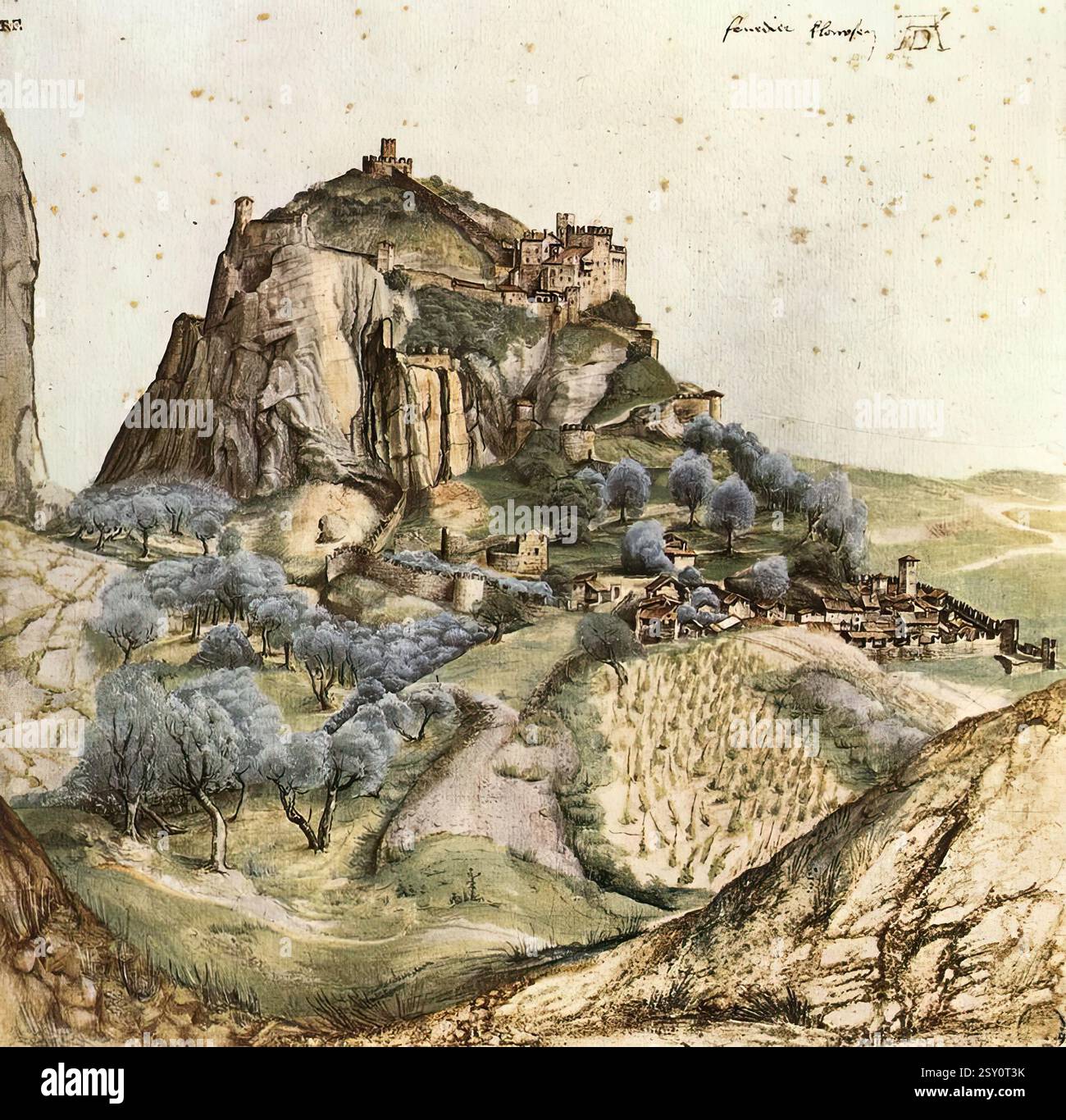 Dürer, Albrecht (B. 1471, Nürnberg, d. 1528, Nürnberg) Vista dell'Arco 1495 Acquerello e gouache su carta, 221 x 221 mm Musée du Louvre, Parigi la città italiana di Arco si trova sotto un suggestivo castello in cima a una collina, vicino alla riva settentrionale del Lago di Garda. Questo acquerello, scritto "avamposto veneziano", fu fatto durante il viaggio di ritorno di Dürer da Venezia nel 1495 e la vegetazione suggerisce che sia la tarda primavera. Arco si trova a 10 miglia ad ovest della strada principale sulle Alpi, che corre a nord da Verona e oltre il passo del Brennero fino a Innsbruck. Vicino al primo piano sabbioso si trova un uliveto e un vigneto Foto Stock