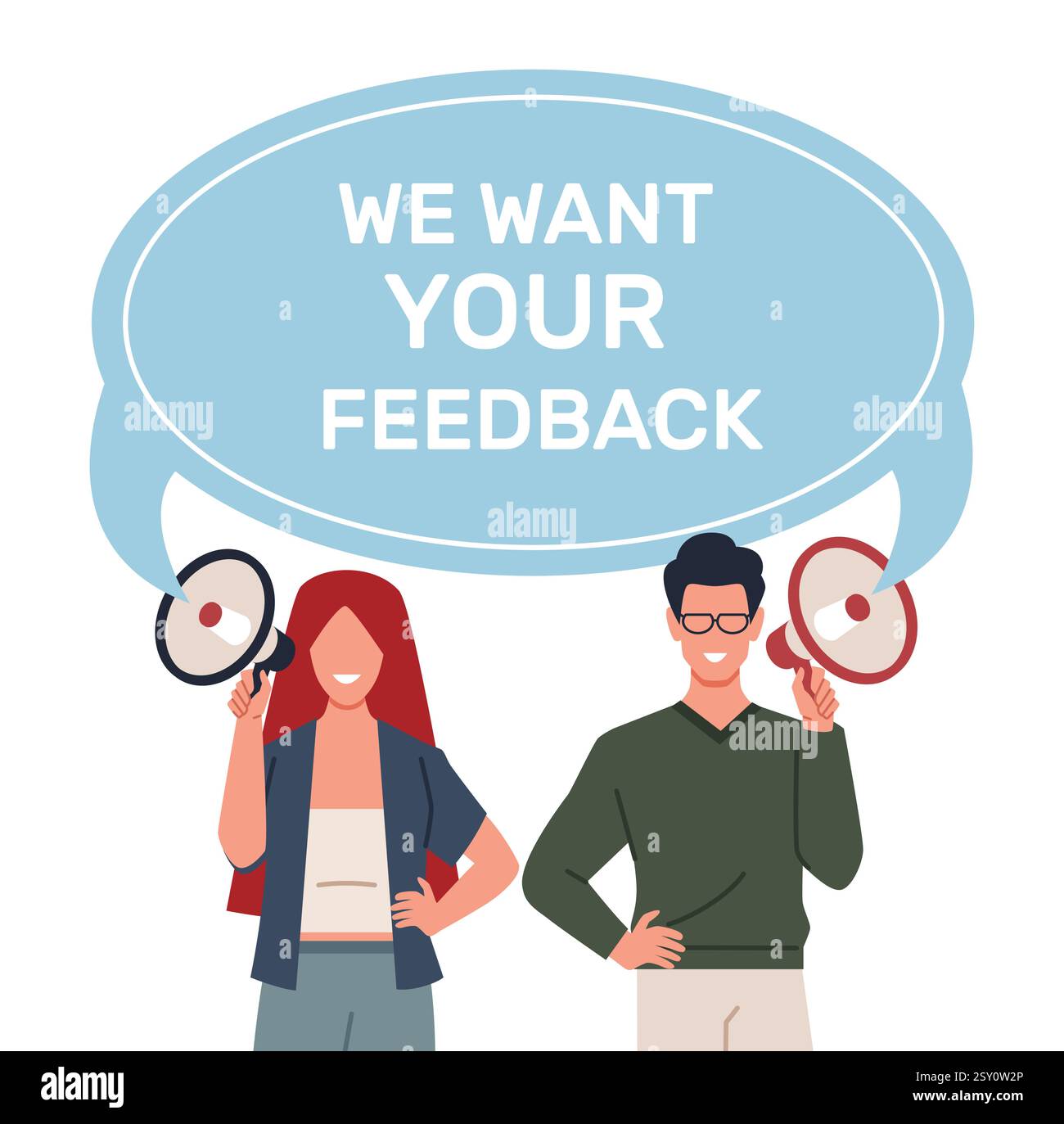 Concept ricezione feedback. Uomo e donna sorridenti hanno il megafono, la bolla di discorso, commenti e classificazioni sul sito web. Soddisfazione aziendale, opinione degli utenti Illustrazione Vettoriale