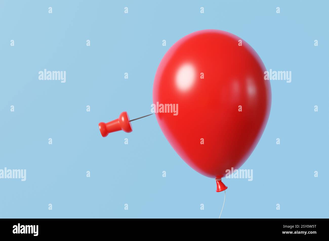 Palloncino rosso che galleggia a mezz'aria ed è molto vicino a un perno di spinta su uno sfondo azzurro. Concetto di bolla del mercato azionario, rischio e pericolo Foto Stock