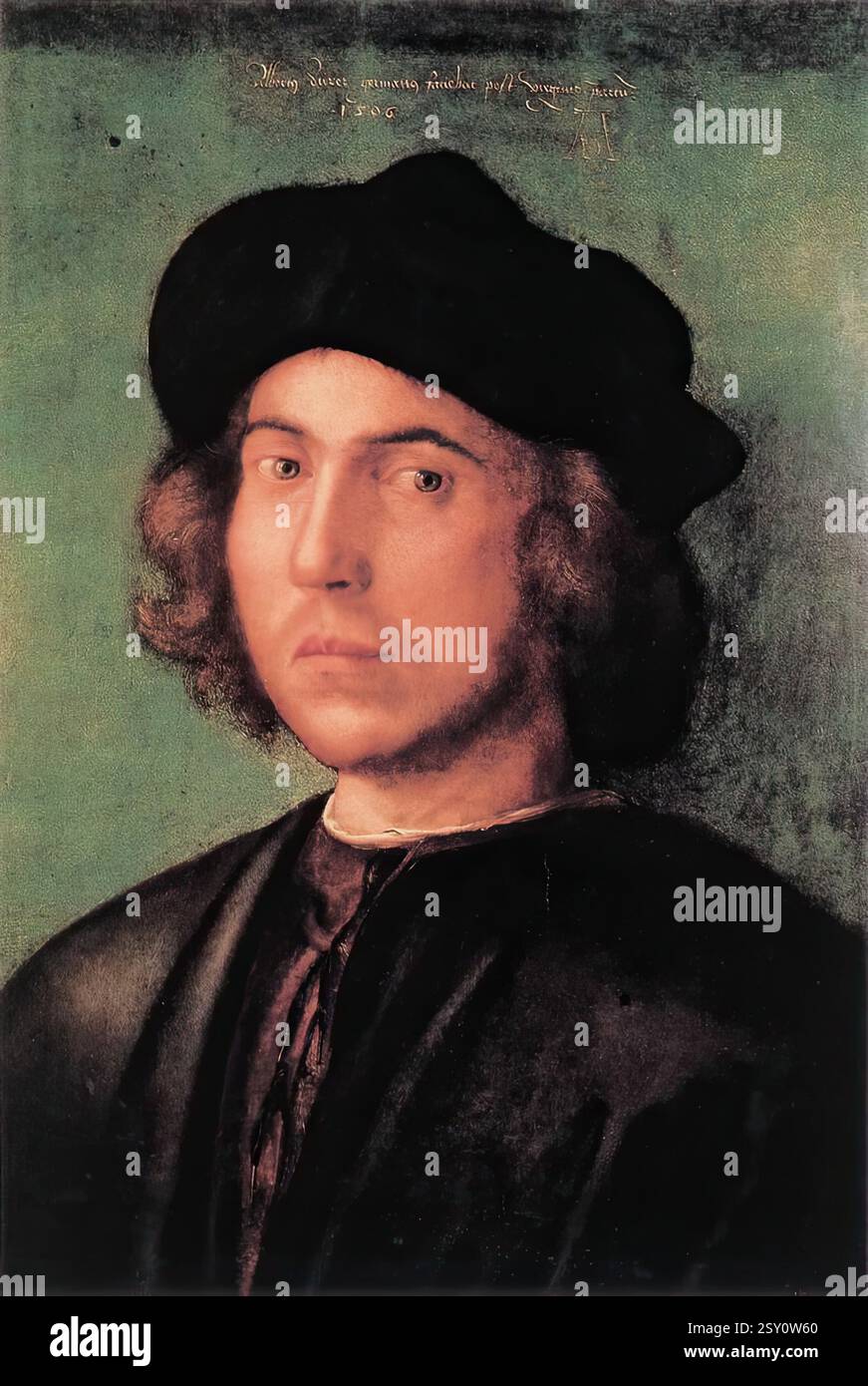 Dürer, Albrecht (B. 1471, Nürnberg, d. 1528, Nürnberg) Ritratto di un giovane uomo 1506 olio su tavola, 50 x 40 cm Palazzo Rosso, Genova iscrizione in alto, monogramma e scrittura: ALBERTUS Dürer GERMANUS FACIEBAT POST VIRGINIS PARTUM 1506. Il restauro effettuato dopo la seconda guerra mondiale comportò la rimozione della vernice opaca che proteggeva questo dipinto e rivelò che era molto meglio conservato di quanto si pensasse in precedenza. Tuttavia, il viso non è finito, e sembra leggermente piatto, nonostante la vivacità degli occhi. Il contrasto dei colori della cl Foto Stock