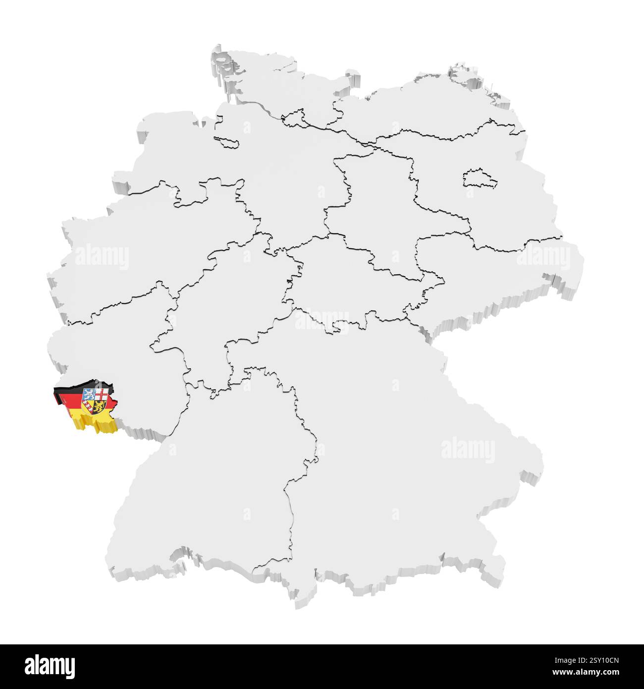La Germania e tutti i suoi stati. Lo stato Saarland ha evidenziato e coperto secondo la bandiera ufficiale. Foto Stock