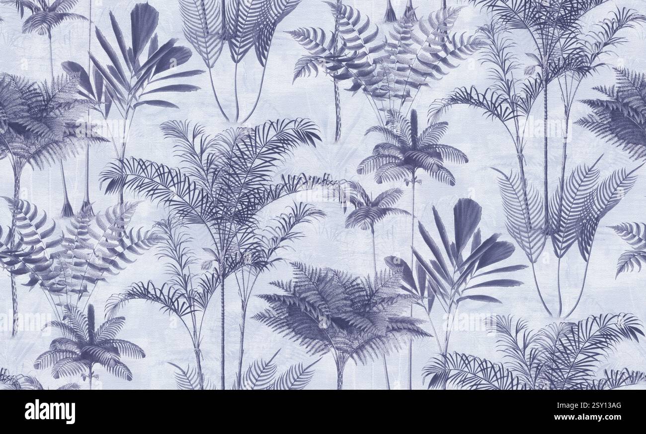 Motivo senza cuciture Blue Vintage con palme tropicali piante in stile lineare illustrazione botanica Vector. Design fogliame per carta da parati, tessuto, involucro Foto Stock