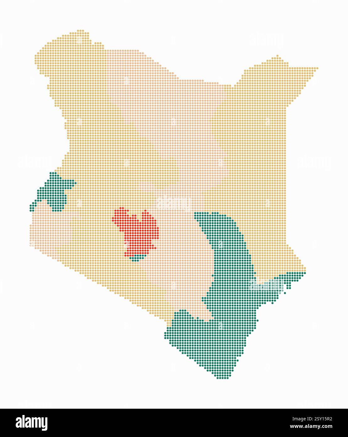 Mappa punteggiata del Kenya. Mappa digitale del paese su sfondo bianco. Forma Kenya con punti circolari. Stile puntini colorati. Cerchi di piccole dimensioni. Illustrazione Vettoriale
