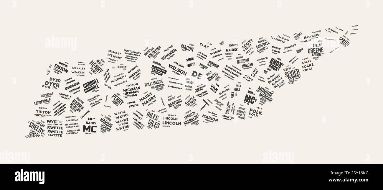 Tennessee Word Cloud. Stato con divisione contee. Progettazione di immagini vettoriali di nuvole di testo tipografiche Tennessee. Immagine a forma di stato in stile vintage gazette. Illustrazione Vettoriale