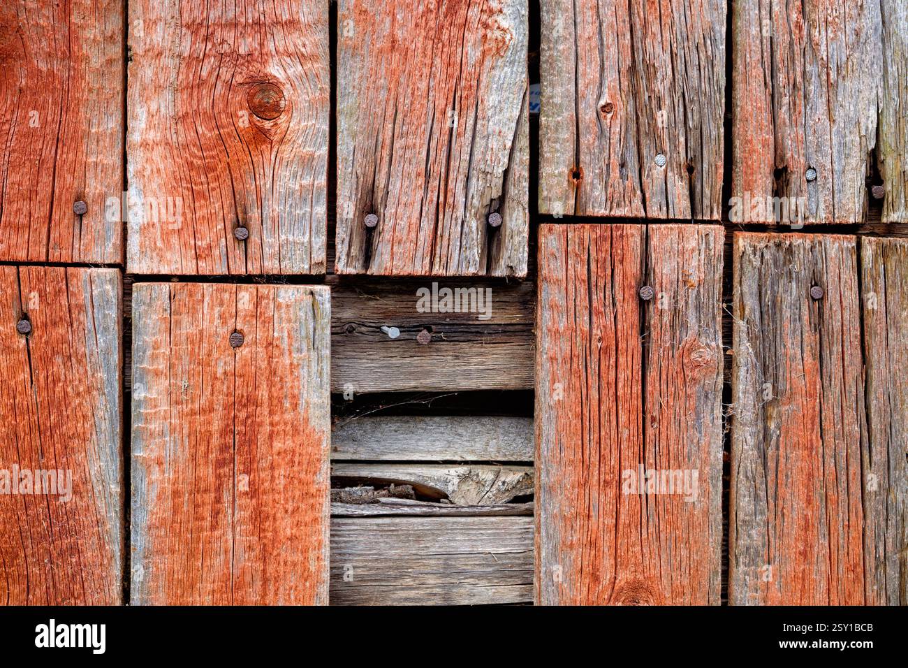 Vista ravvicinata delle tavole di legno intemperie che mostrano ricche texture e colori, trasmettendo un fascino rustico in una tranquilla posizione di campagna. Foto Stock