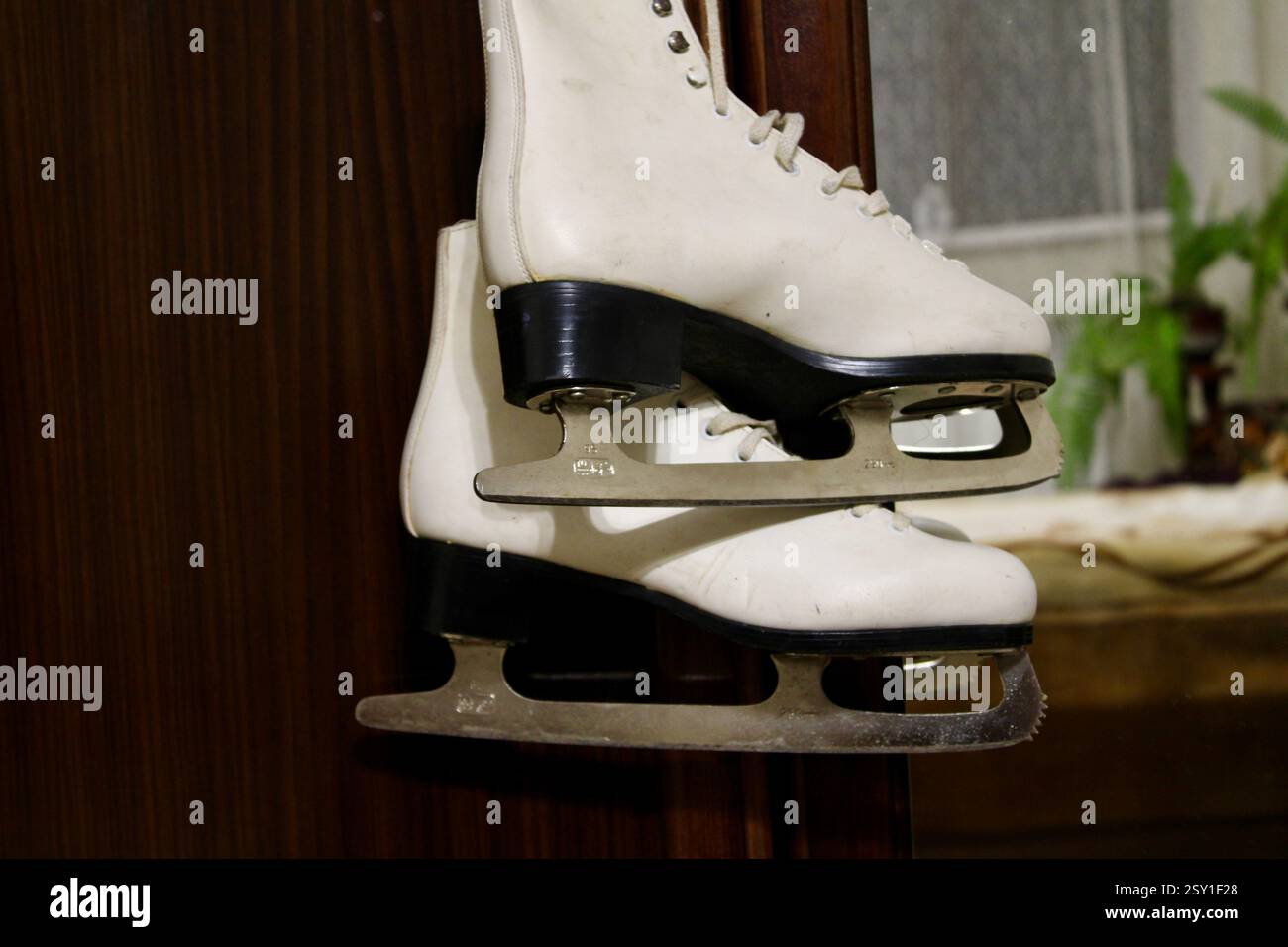 Un paio di pattini di ghiaccio in pelle bianca appesi al gancio dell'armadio in legno della camera da letto, per prepararsi agli sport invernali, scarpe sportive da donna, femminili Foto Stock