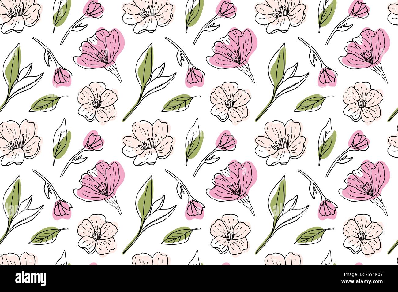 Motivo senza cuciture con fiori di ciliegio e fiori di ciliegio giapponesi. Delicati boccioli e foglie rosa, disegno vettoriale disegnato a mano. Primavera - ornamento estivo per tessuti, carta da parati, vestiti. Illustrazione dello schizzo. Illustrazione Vettoriale