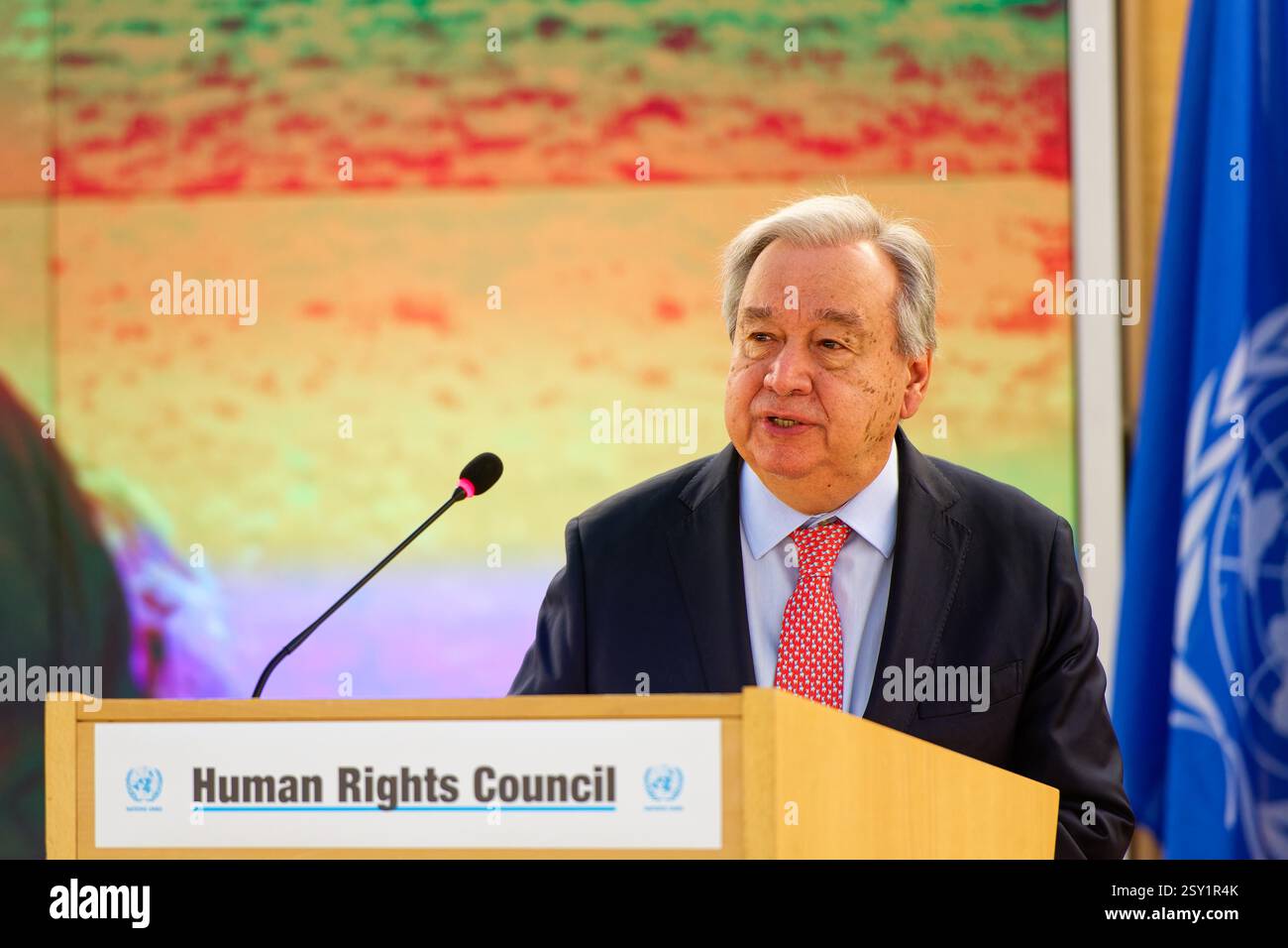 Ginevra, Svizzera - 24 febbraio 2025: Il Segretario generale delle Nazioni Unite Antonio Guterres si presenta alla 58a sessione del Consiglio per i diritti umani alle Nazioni Unite Foto Stock