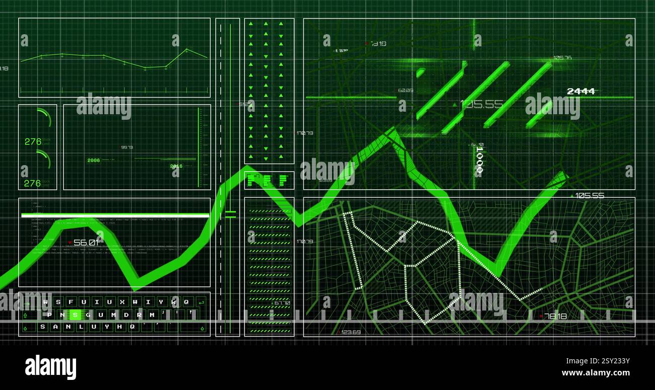 Grafici di dati finanziari verdi e immagini grafiche sullo sfondo della griglia Foto Stock