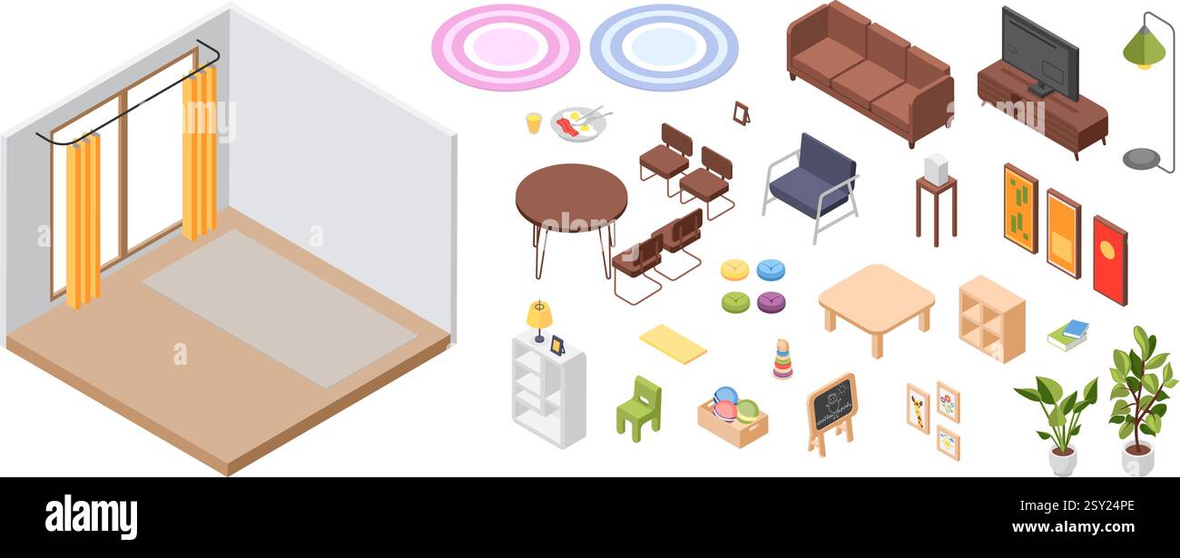 Posizione isometrica della camera. Mobili isolati e accessori per la casa. Divano, poltrona, tavolo da soggiorno con sedie, decorazione, costruttore vettoriale Illustrazione Vettoriale