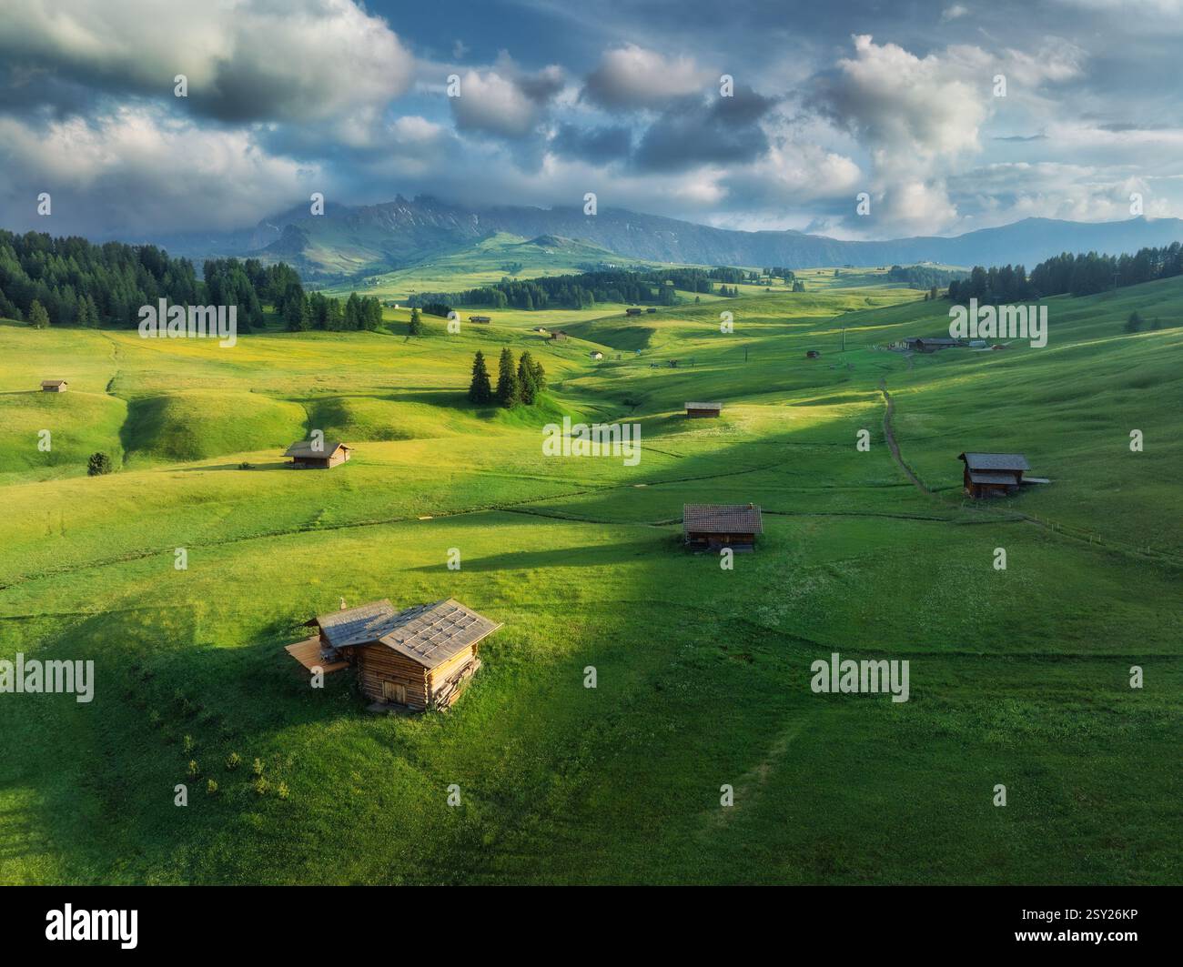 Vista aerea delle case di legno sul prato alpino nella valle di montagna Foto Stock