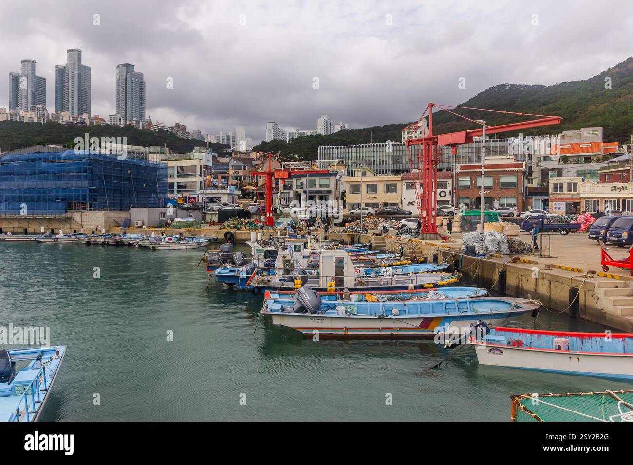Busan, Corea del Sud - 29 ottobre 2024: Porto di pesca di Cheongsapo, che offre un'atmosfera serena e una splendida vista sul mare. Foto Stock