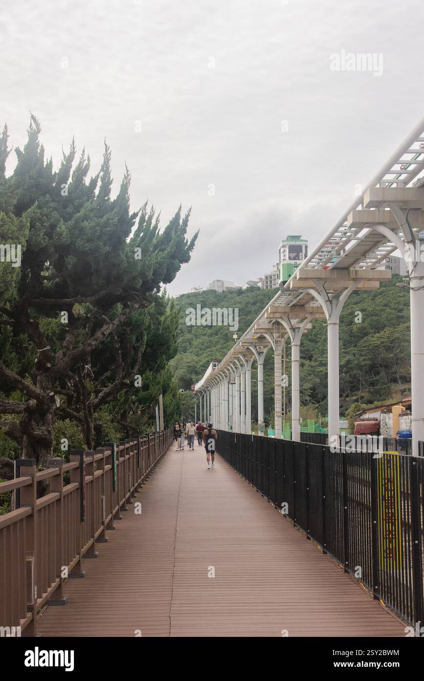 Busan, Corea del Sud - 29 ottobre 2024: Colorati treni a capsula del cielo sulla Busan Green Railway, con un sentiero a piedi e un paesaggio panoramico. Foto Stock
