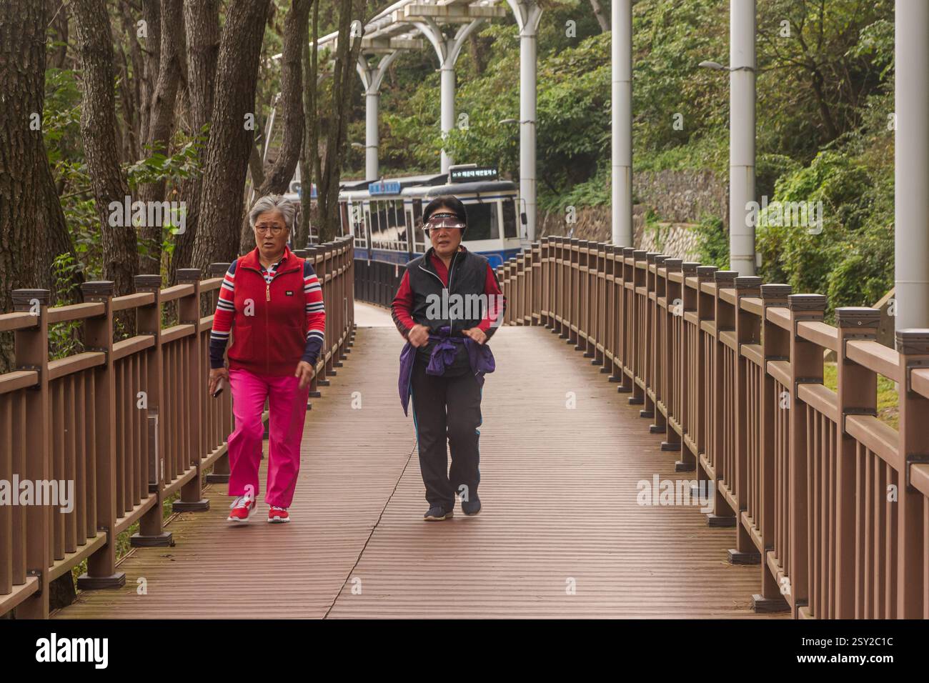 Busan, Corea del Sud - 29 ottobre 2024: Due donne asiatiche camminano sulla Busan Green Railway, nota anche come Haeundae Green Railway, un sentiero costiero a piedi Foto Stock