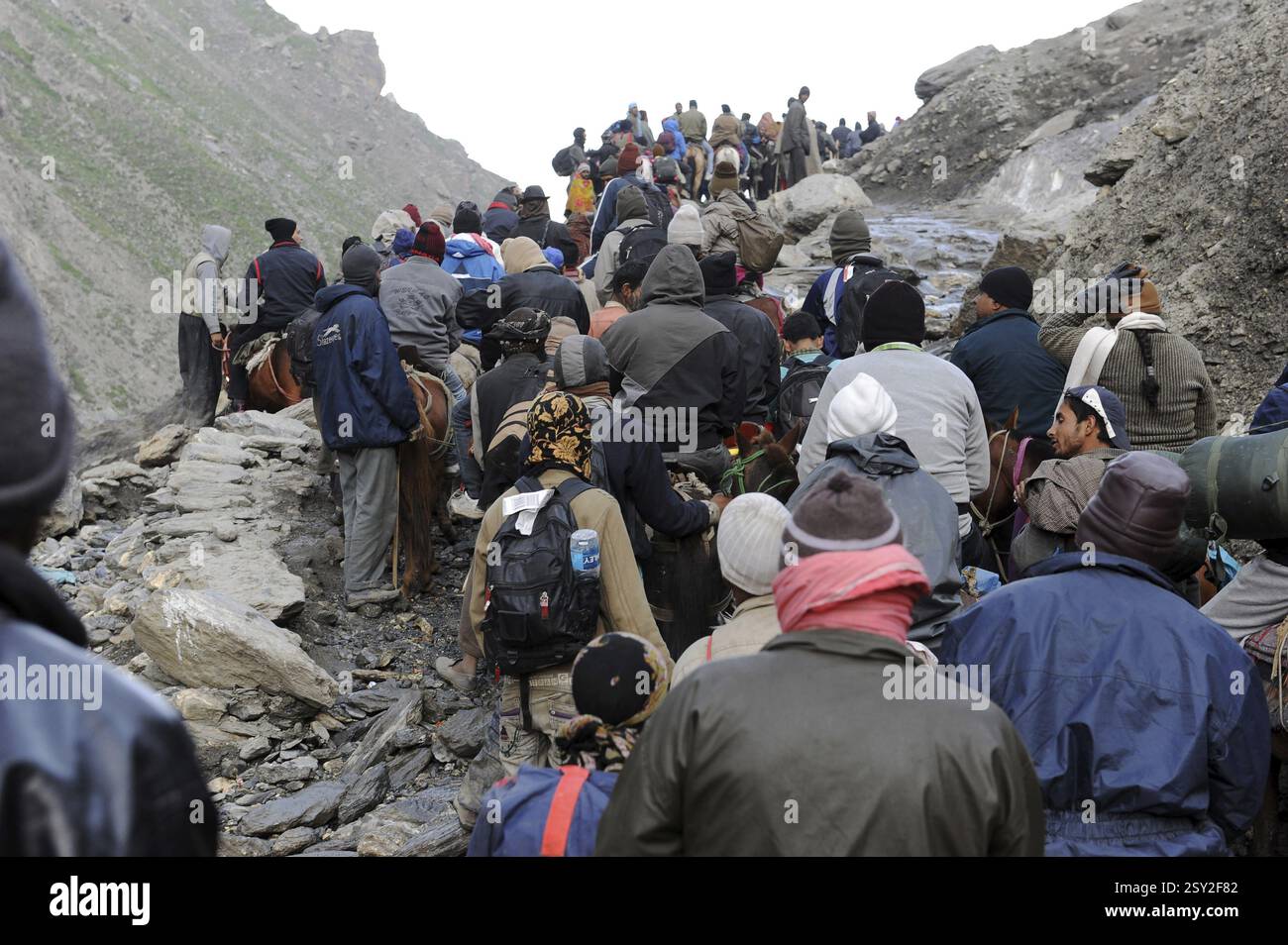 Pilgrim sangam alla sacra grotta, amarnath yatra, Jammu Kashmir, India, Asia Foto Stock
