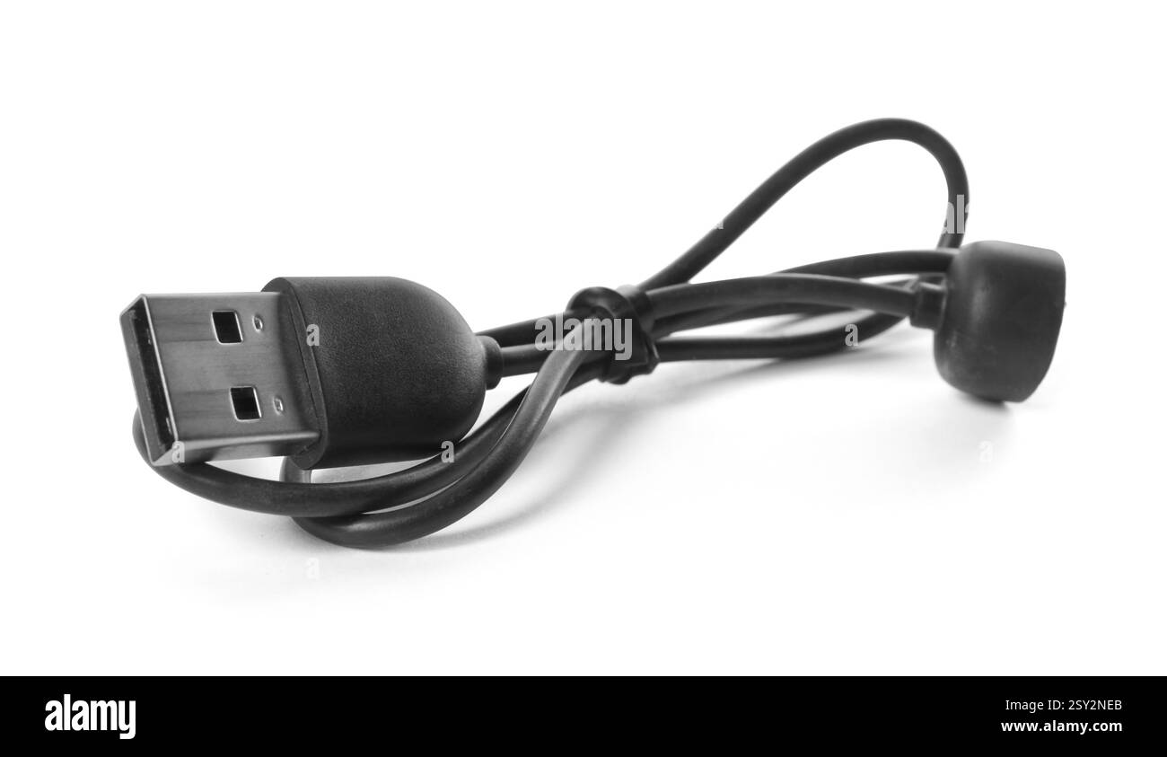 Cavo di ricarica USB nero isolato su bianco Foto Stock