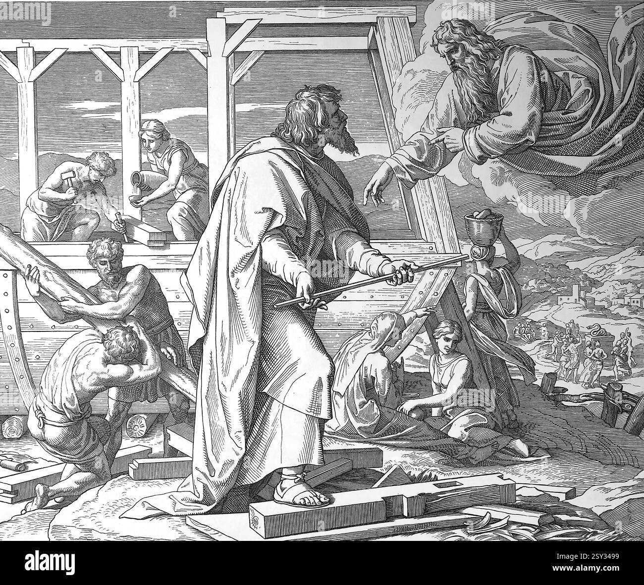 Vecchio Testamento. Contruction of Ark's Noah. Genesi. Illustrazione di J. Schnorr von Carolsfeld. "La Bibbia dei quadri", 1852-60. Foto Stock
