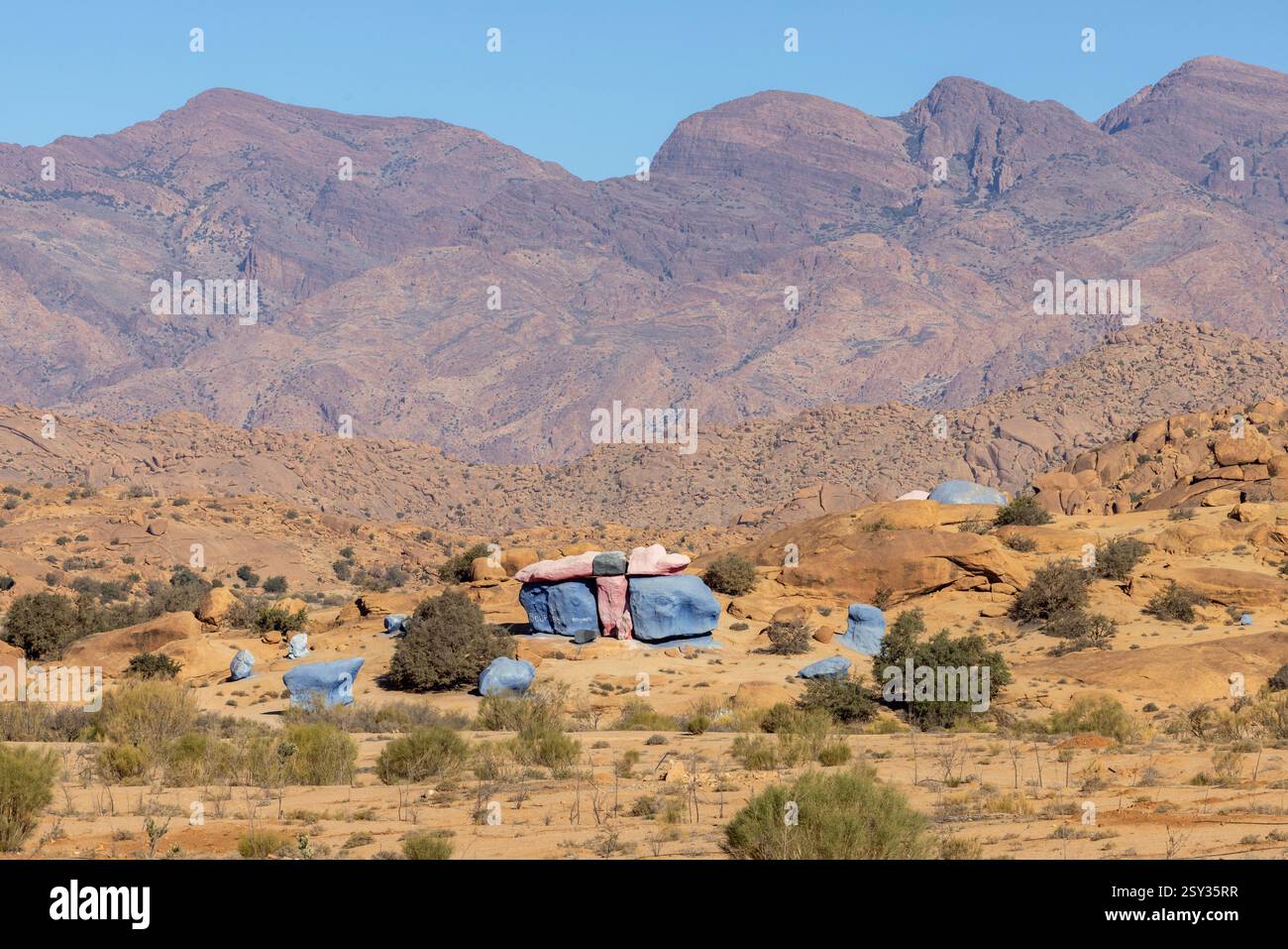 Le rinomate rocce dipinte di Tafraoute si trovano nella valle di Ameln, un paesaggio aspro situato a sud di Tafraoute. Foto Stock