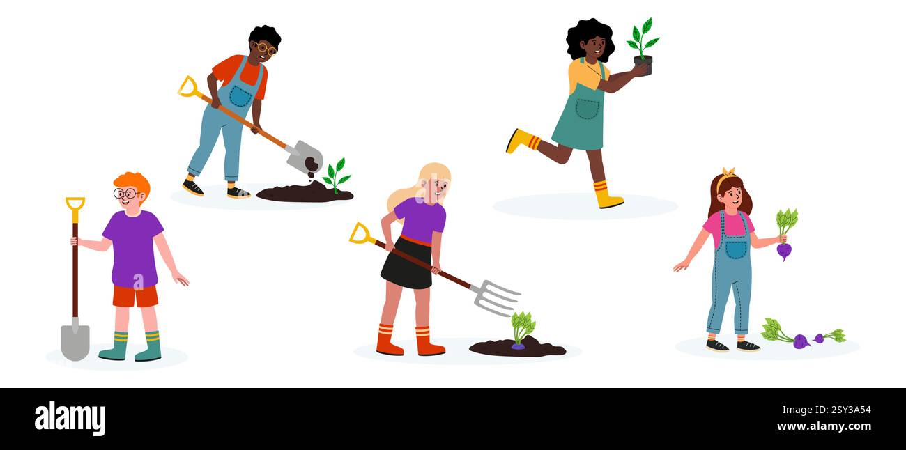 Bambini impegnati in attività di giardinaggio con piante e terreno in un ambiente luminoso e allegro Illustrazione Vettoriale