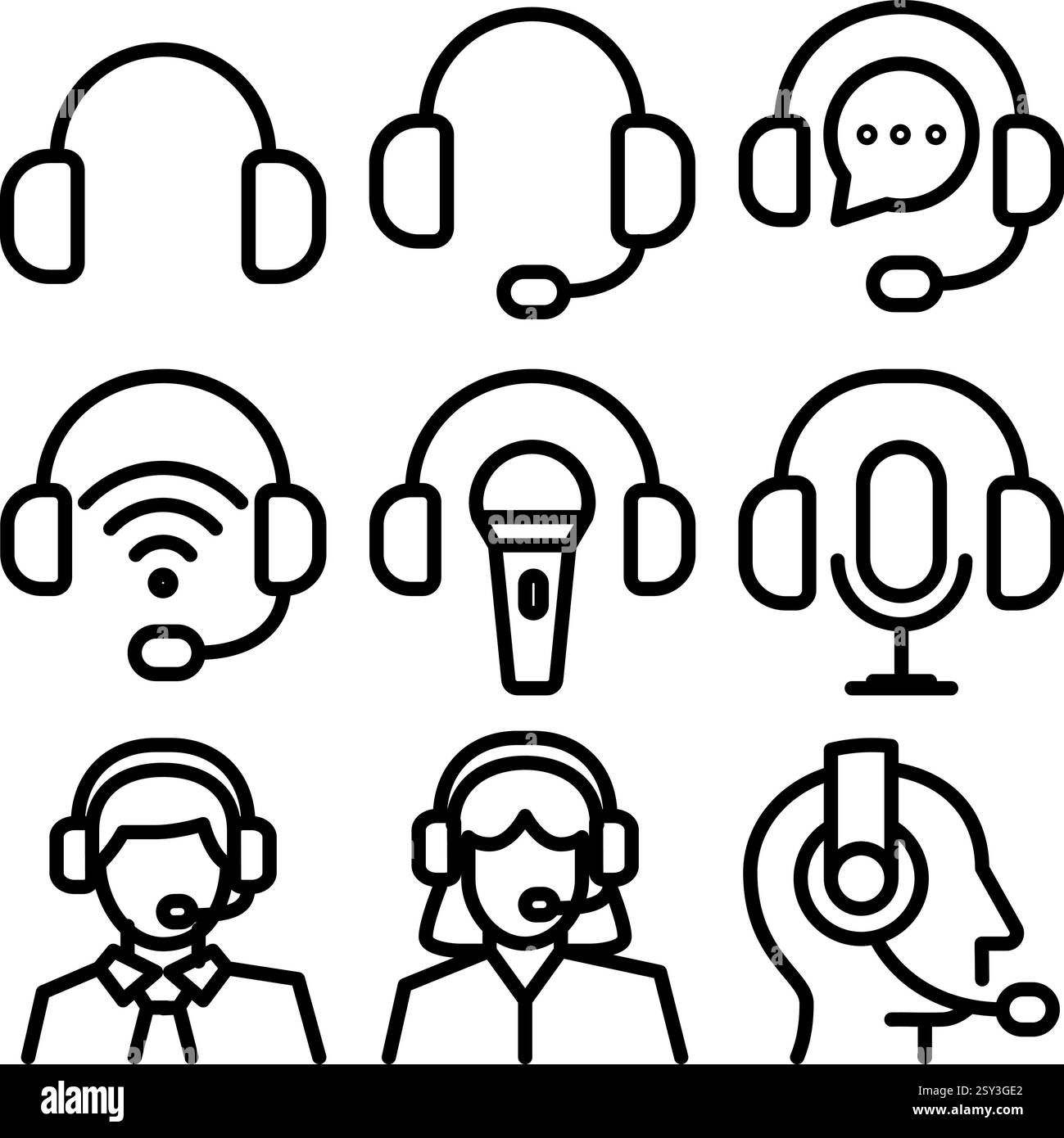 Raccolta di varie illustrazioni iconografiche relative a cuffie e microfono che rappresentano i servizi di comunicazione Illustrazione Vettoriale