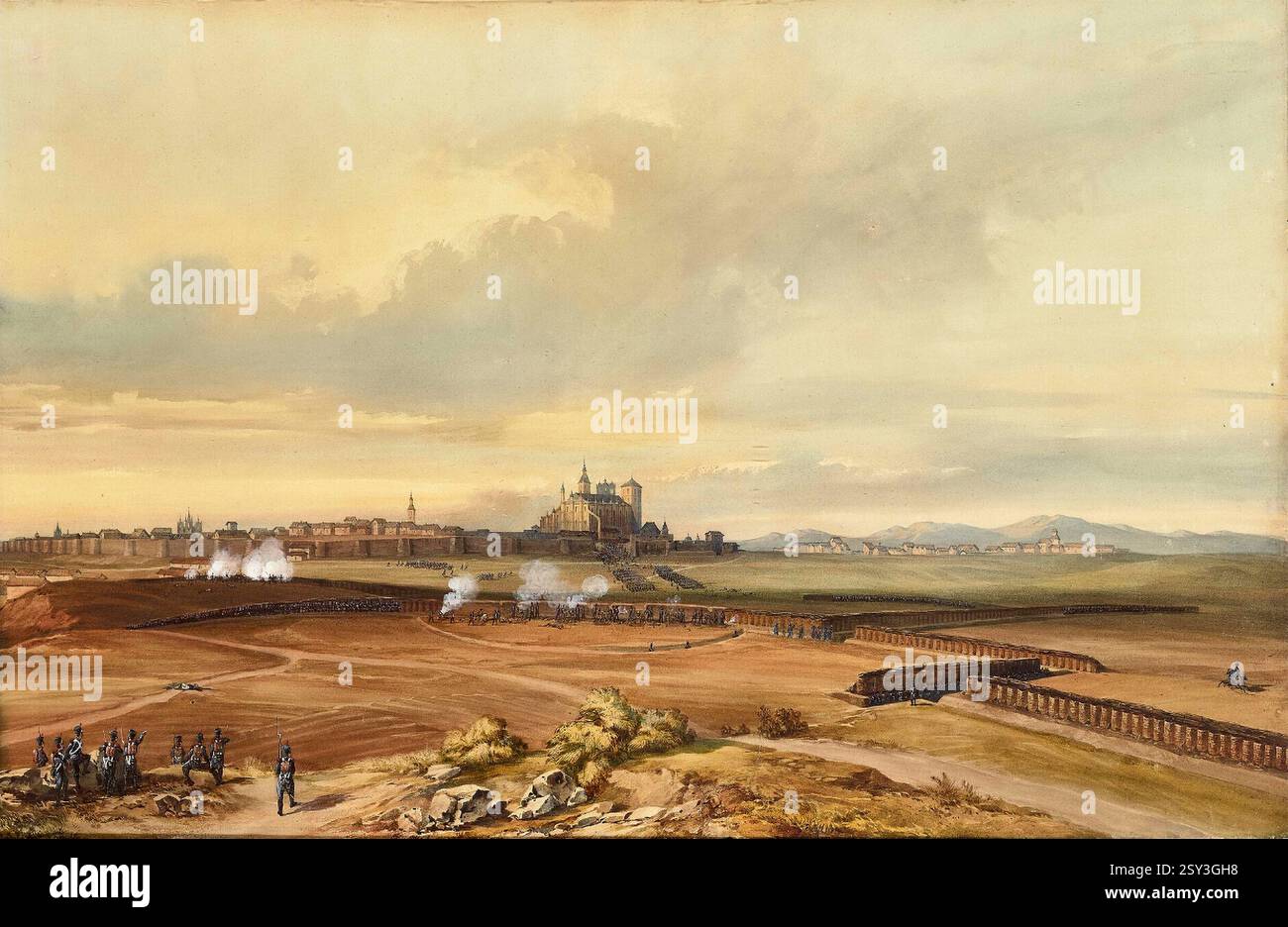 L'assedio di Astorga fu un tentativo da parte delle forze francesi di catturare Astorga, in Spagna, in una campagna della guerra d'indipendenza spagnola. Astorga era situata sul fianco dell'invasione francese della Spagna e del Portogallo e doveva essere utilizzata come quartier generale durante la campagna. Per diverse settimane non ebbe luogo alcun attacco, poiché nessuna delle due parti aveva abbastanza artiglieria da combattere bene. Poco dopo l'arrivo dei cannoni francesi, tuttavia, fu fatto un buco nel muro e la città cadde poco dopo. I francesi riuscirono a sopraffare la guarnigione spagnola all'interno e conquistarono la città il 22 aprile 1810. Foto Stock