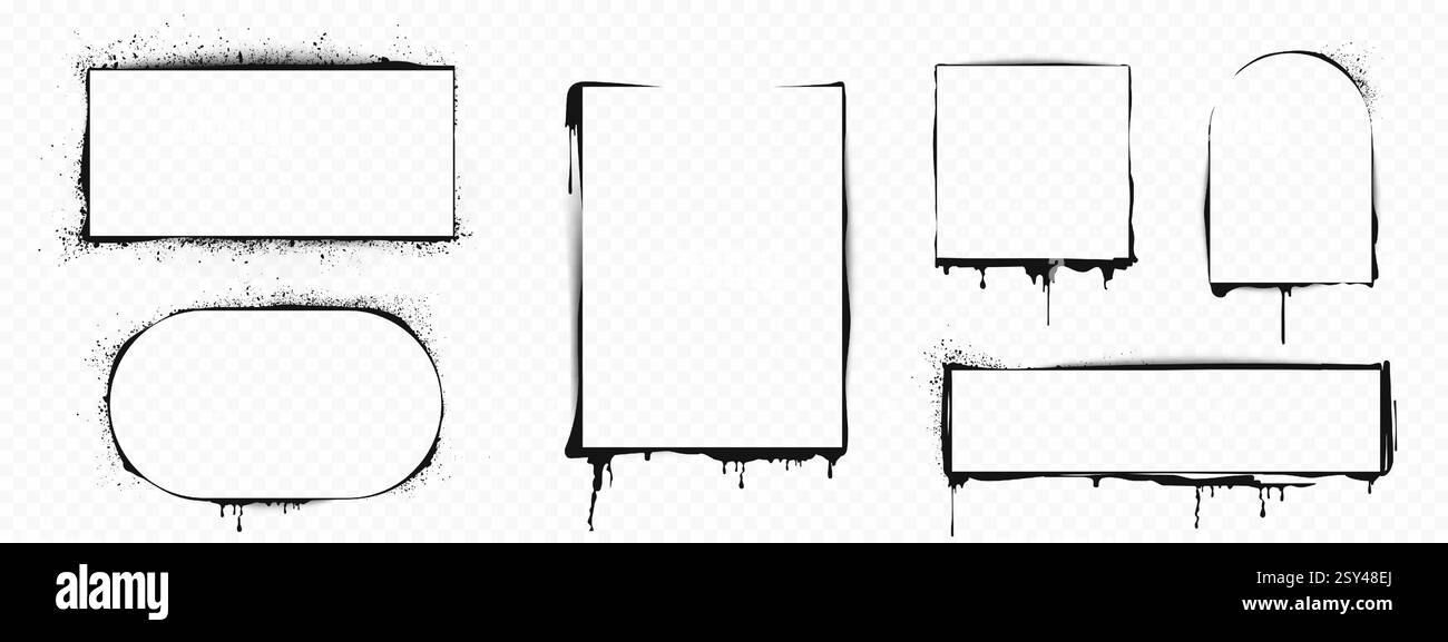 Spruzzare la collezione di cornici dello stencil con gocce di inchiostro nero e schizzi di vernice su sfondo trasparente. Bordi di graffiti urbani di diverse forme geometriche. Elementi di Street art per un design grintoso. Illustrazione Vettoriale