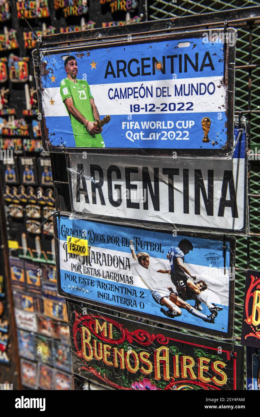 Targhe automobilistiche con motivi dei campioni del mondo di calcio argentino, Buenos Aires, Argentina, Sud America Foto Stock