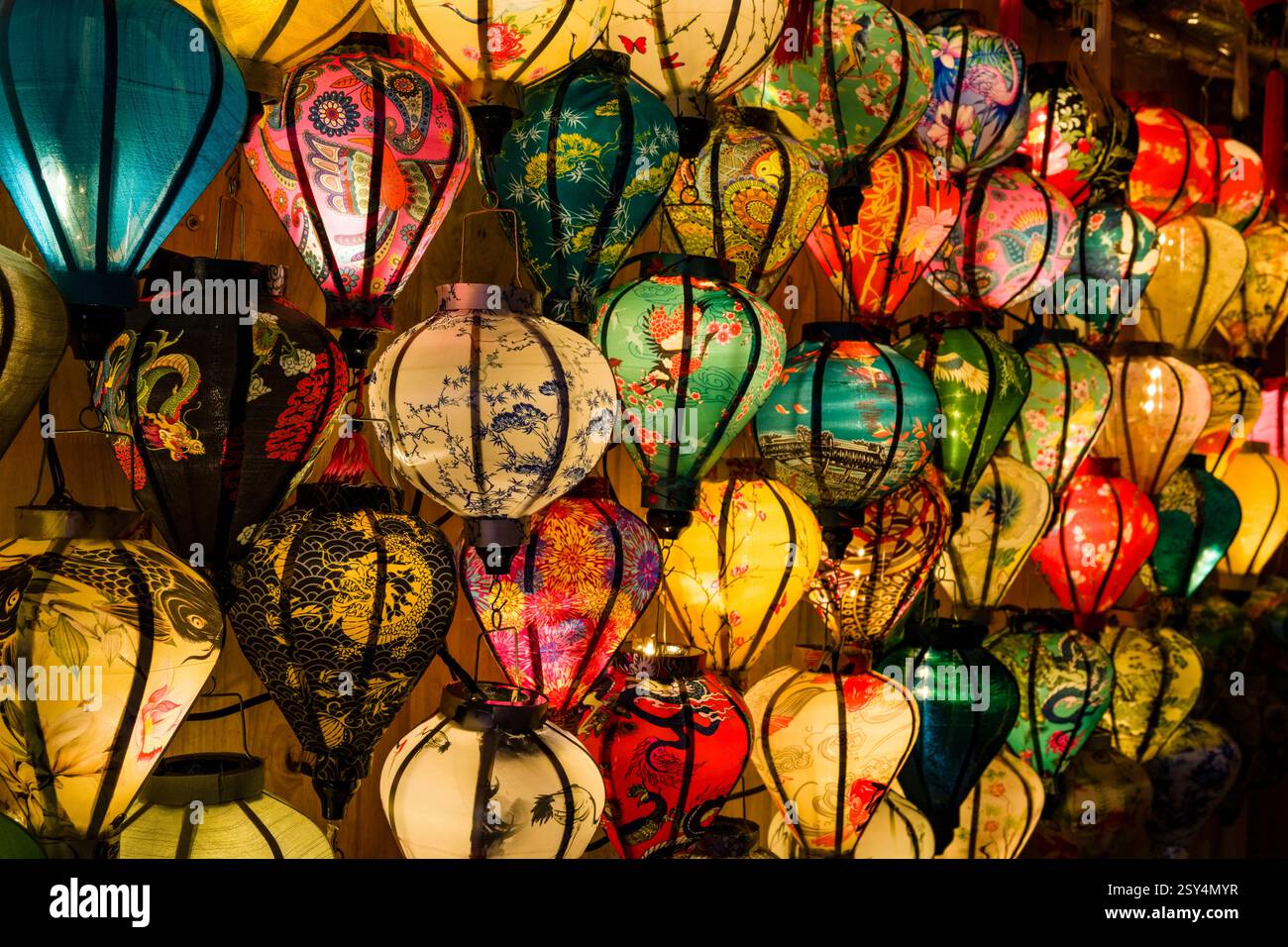 Lanterne colorate e illuminate sono in vendita in un negozio nella città vecchia di Hoi An, Hội An. Foto Stock