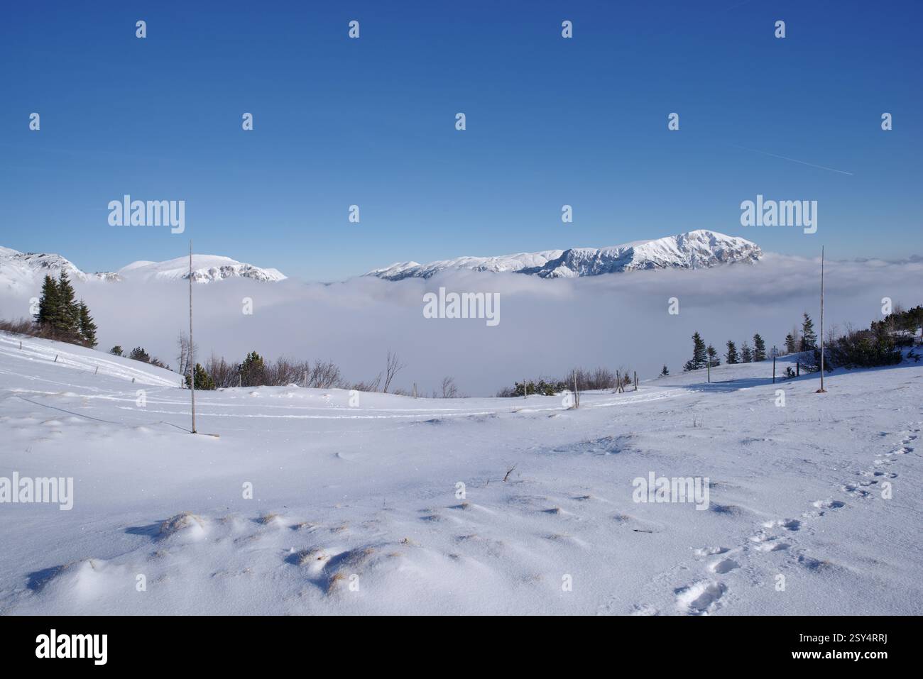 Monte innevato Schneealpe, località sciistica invernale in Stiria, Austria. Ottima vista sulla cima della montagna Rax sopra la nebbia sotto il cielo blu profondo. Foto Stock