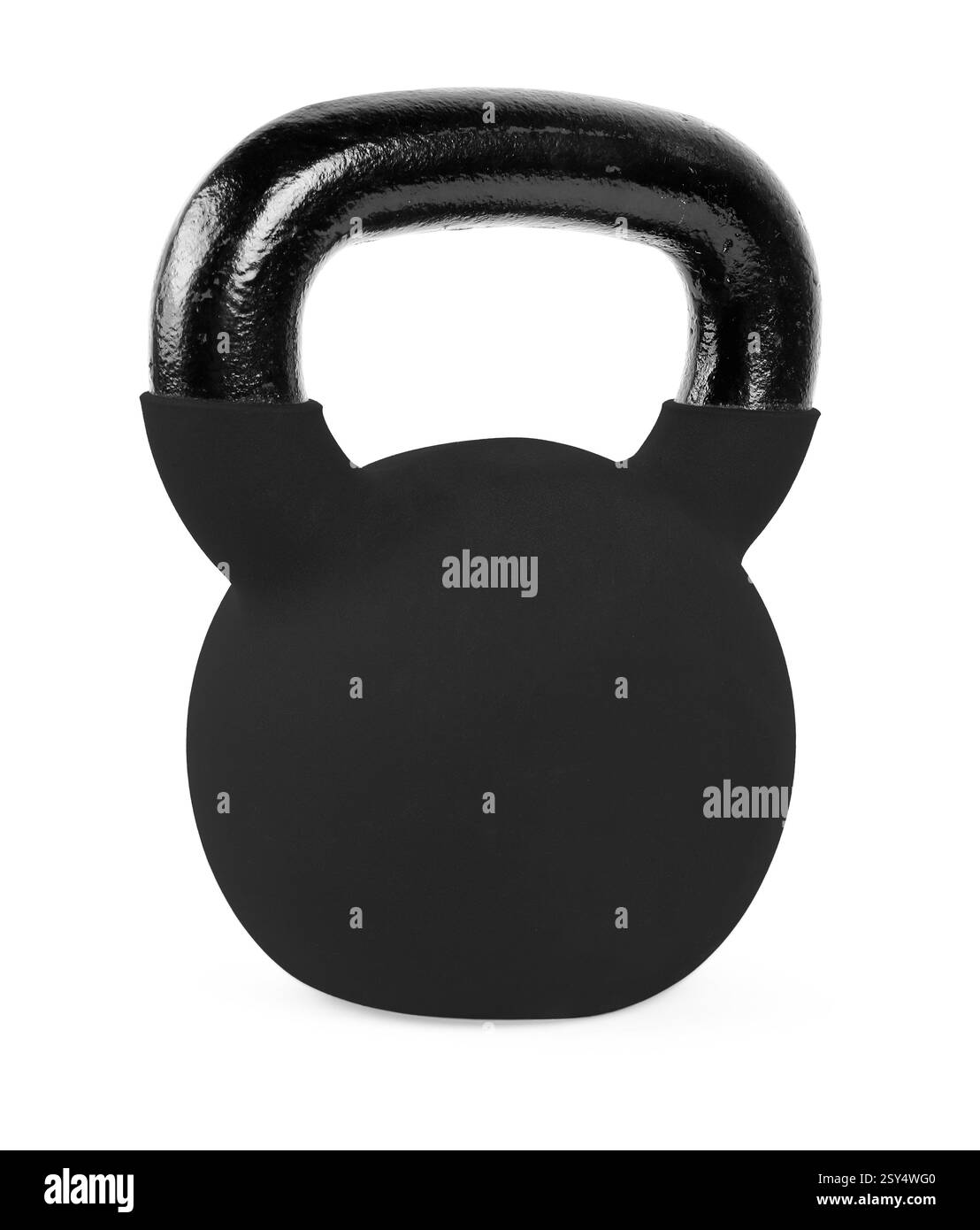Un kettlebell nero isolato su bianco. Attrezzature per l'allenamento Foto Stock