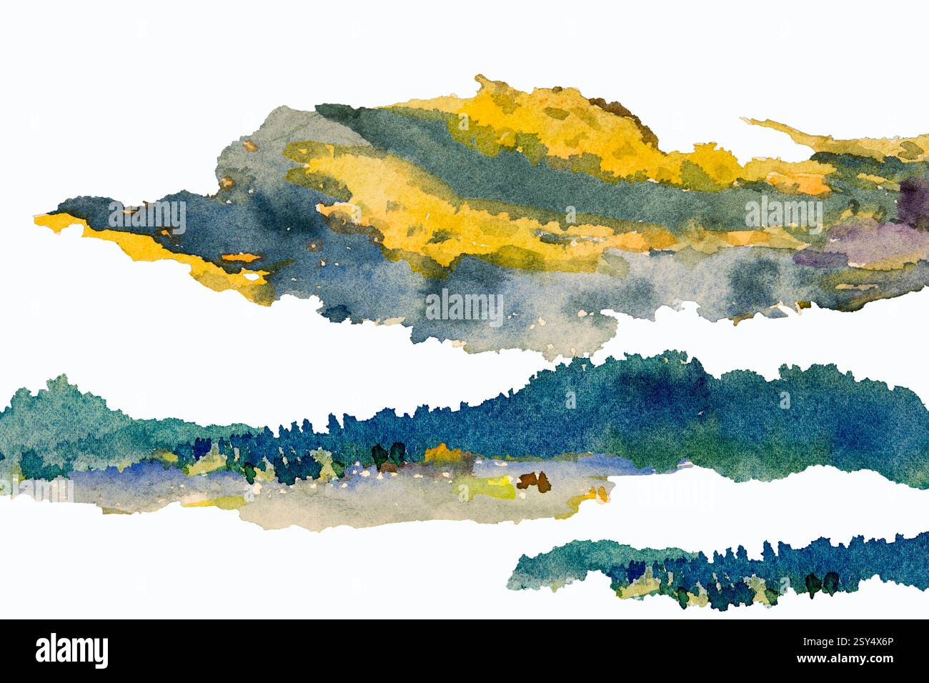 Arte contemporanea astratta per la pittura ad acquerello di sfondo colorata di design naturale giallo blu verde, pennello disegnato a mano. Illustrazione Art b Foto Stock