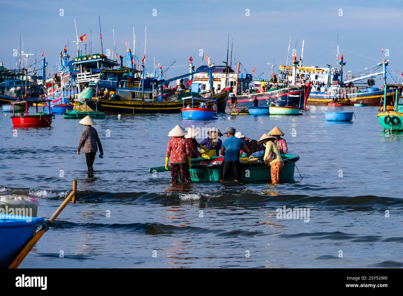 Persone che lavorano con pesci appena pescati nell'acqua di fronte alla spiaggia di Mui ne, Mũi Né, molte barche da pesca in lontananza. Foto Stock