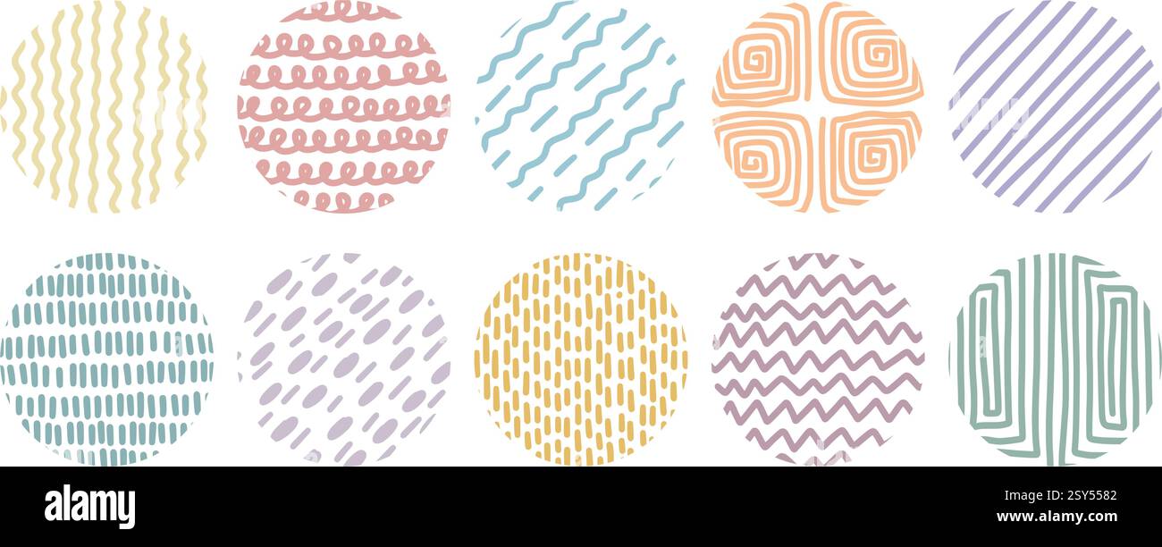 Set di cerchi con linee colorate e punti in stile doodle. Giocosa e fantasia con texture diverse nella sfera. Riempimento dei cerchi di ombreggiatura disegnati a mano. Clip art Illustrazione Vettoriale