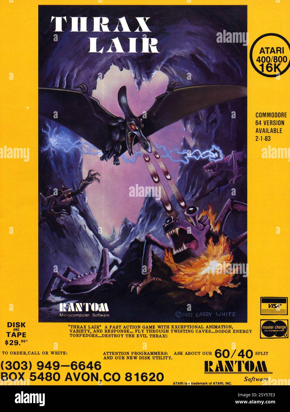 1982 annuncio per Thrax Lair uno sparatutto a scorrimento verticale di Randy Turner e pubblicato da Rantom per Atari 8-bit, illustrazioni di Larry White Foto Stock