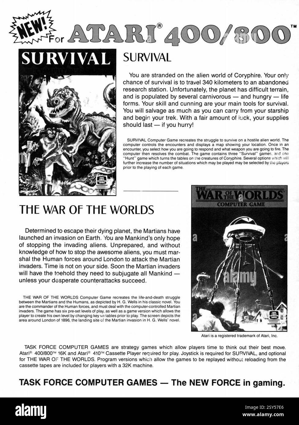 1983 annuncio per i giochi per computer della Task Force per Atari 400/800- Survival / The War of the Worlds Foto Stock