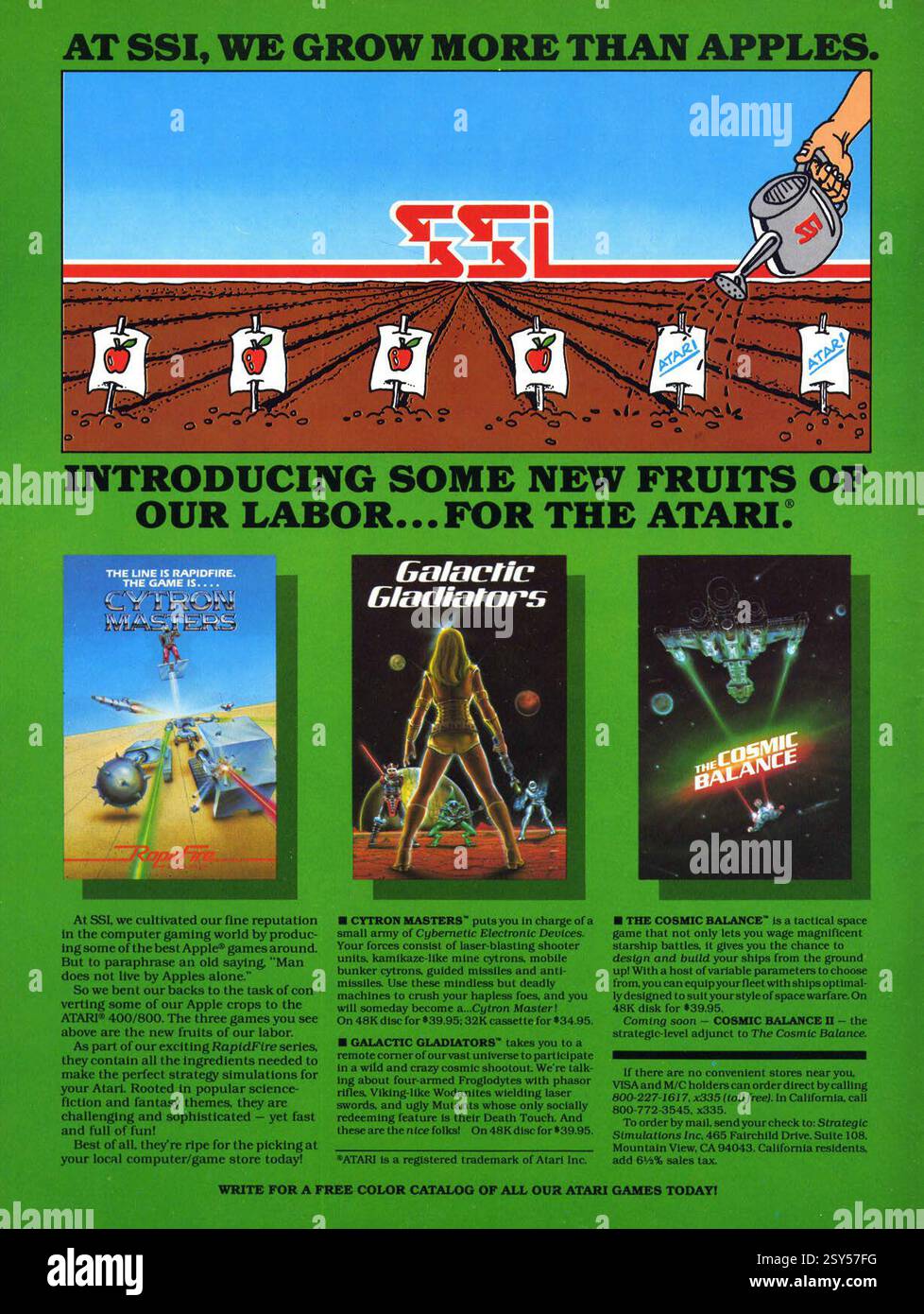 1982 pubblicità di Strategic Simulations, Inc. (SSI) presentazione di nuovi giochi per Atari - Galactic Gladiators e Cytron Masters. Equilibrio cosmico Foto Stock
