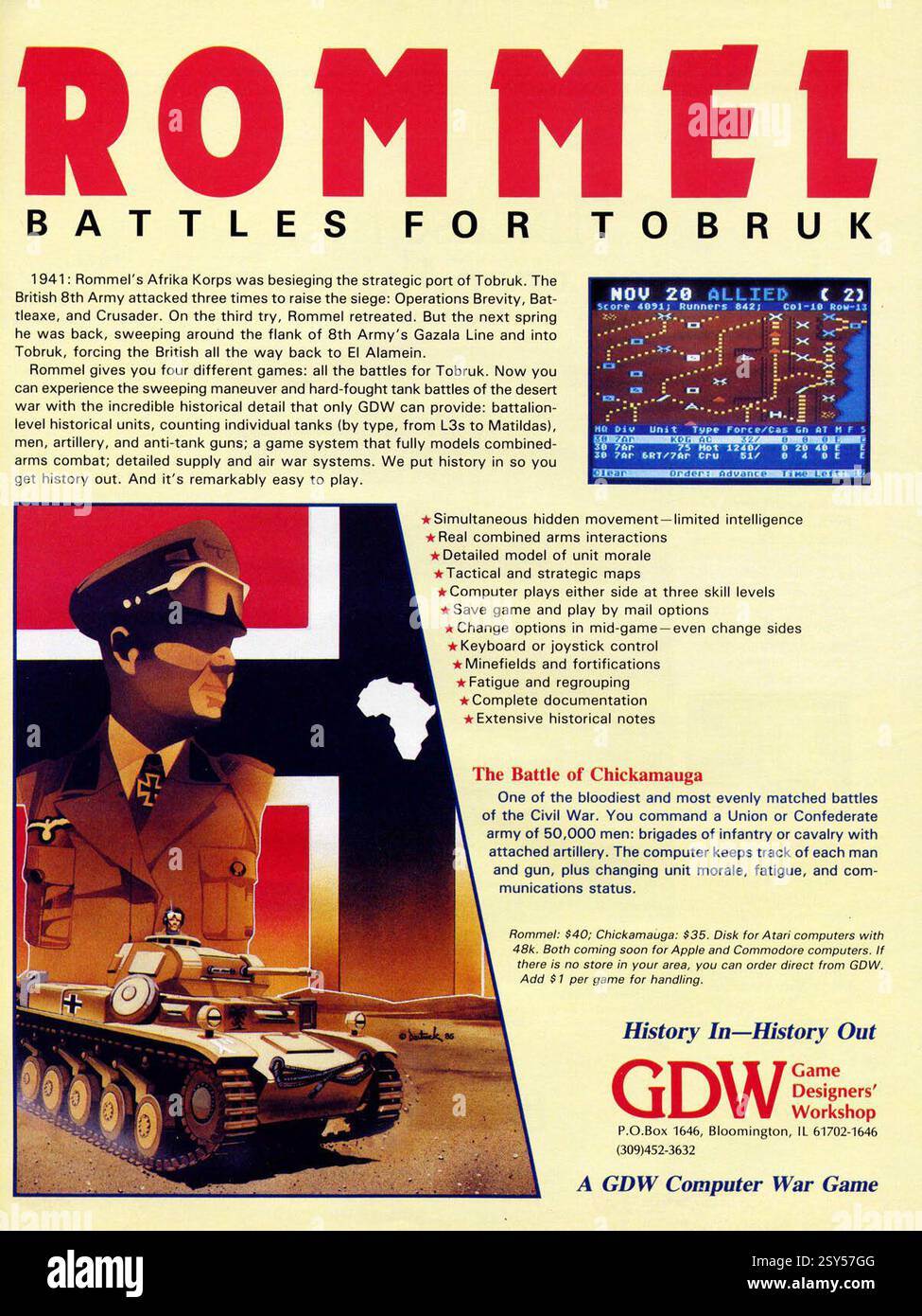 1985 annuncio per il gioco per computer Atari a 8 bit "Rommel: Battles for Tobruk", un wargame; di Game Designers' Workshop GDW Foto Stock