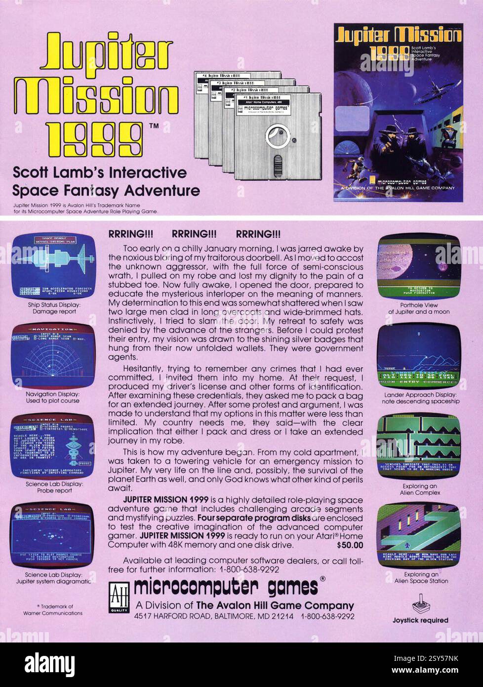 1984 annuncio per il videogioco Jupiter Mission 1999 di Scott Lamb per i computer Atari a 8 bit; pubblicato da Avalon Hill Microcomputer Games Foto Stock