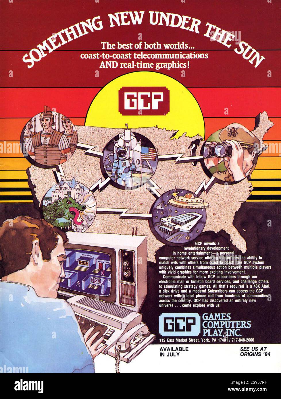 1984 annuncio per "Games Computers Play, Inc." (GCP) -servizio di rete per personal computer - un servizio online - giochi online multiplayer (MOG) con interfaccia utente grafica (GUI) Foto Stock