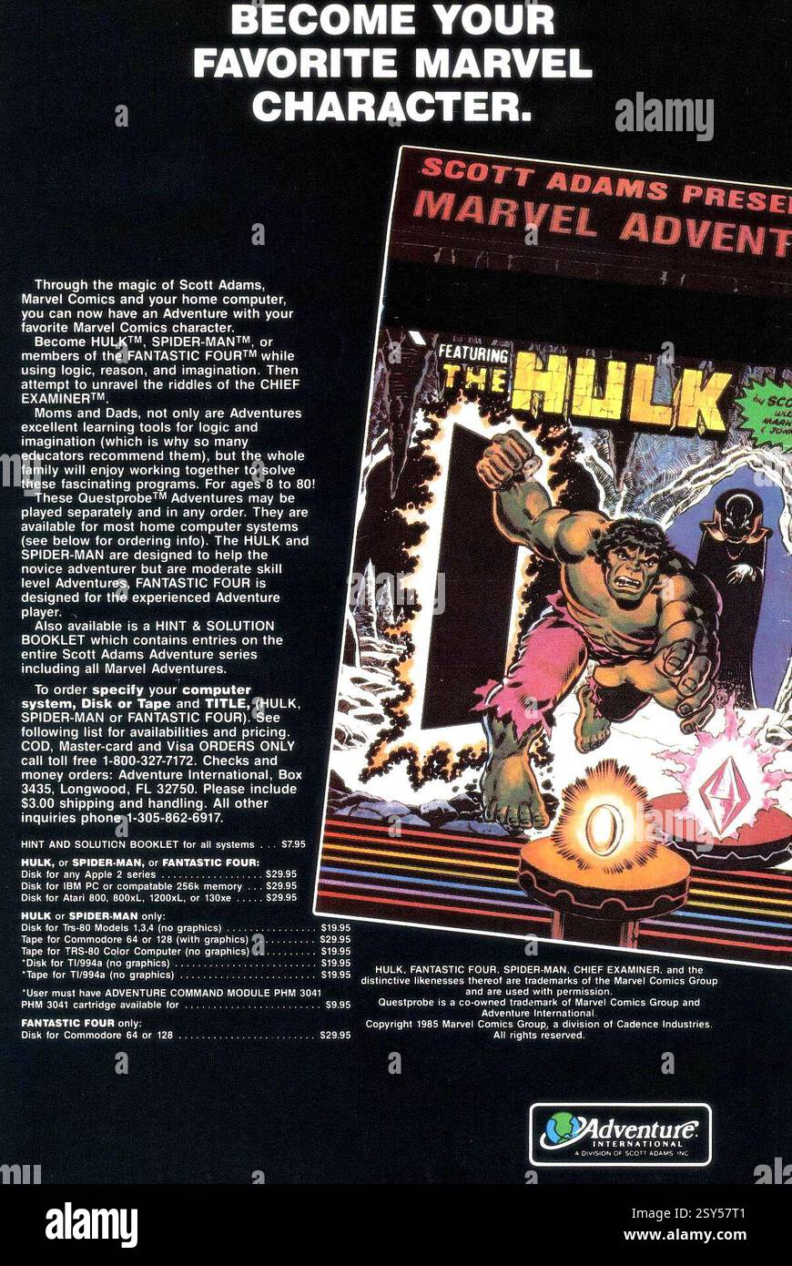 1986 annuncio per "Marvel Questprobe featuring the Hulk" di Scott Adams, Adventure International in collaborazione con Marvel Comics. Foto Stock