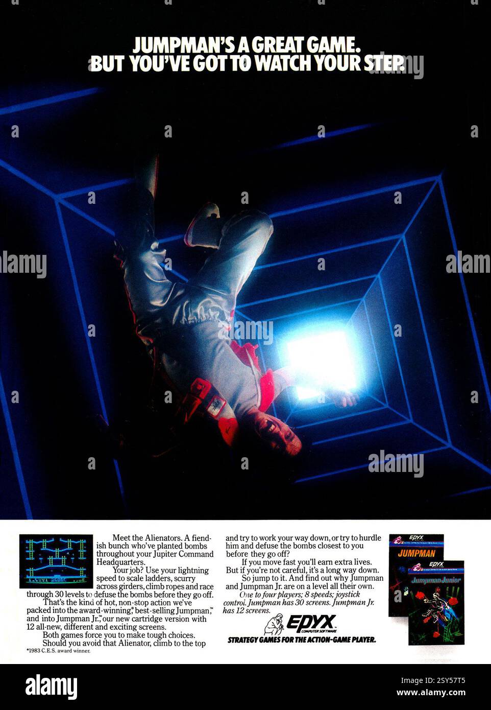 1983 pubblicità per il videogioco Jumpman, di Epyx. Foto Stock
