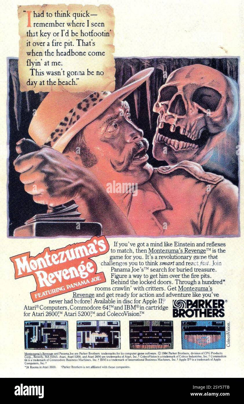 1984 pubblicità per il videogioco "Montezuma's Revenge" con Panama Joe di Parker Brothers Foto Stock