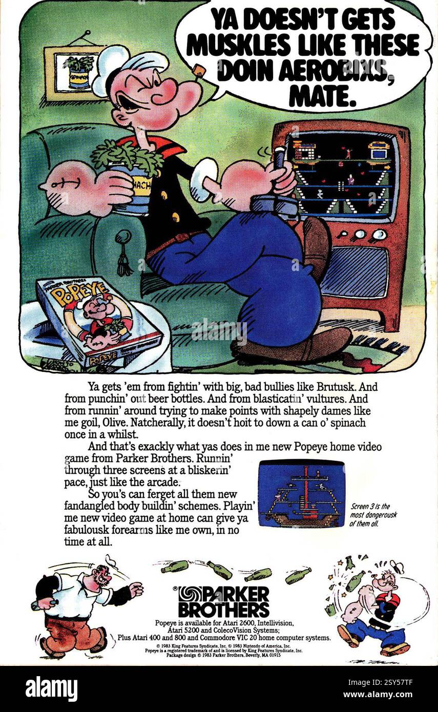 1984 pubblicità per il videogioco Popeye di Parker Brothers Foto Stock