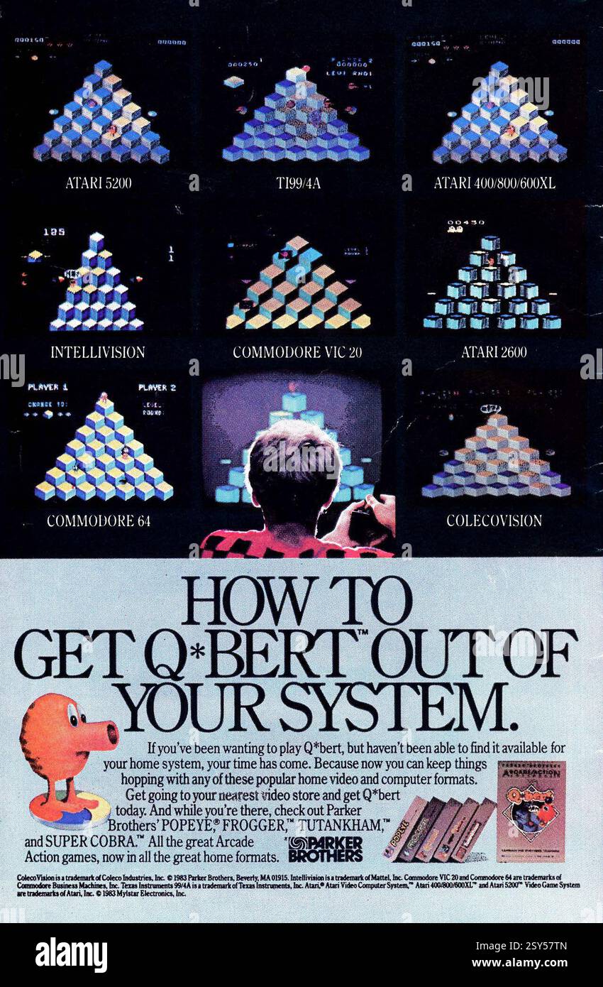 1984 pubblicità per il gioco Qbert originariamente pubblicato nel 1983 da Parker Games. L'annuncio promuove versioni del gioco per vari sistemi di home gaming dell'epoca, tra cui Atari, Intellivision, Commodore e ColecoVision Foto Stock