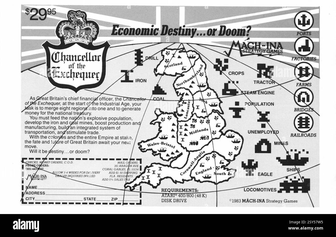 1983 annuncio per il gioco Atari a 8 bit "Chancellor of the Exchequer", una simulazione economica di Mach-Ina Strategy Games Foto Stock