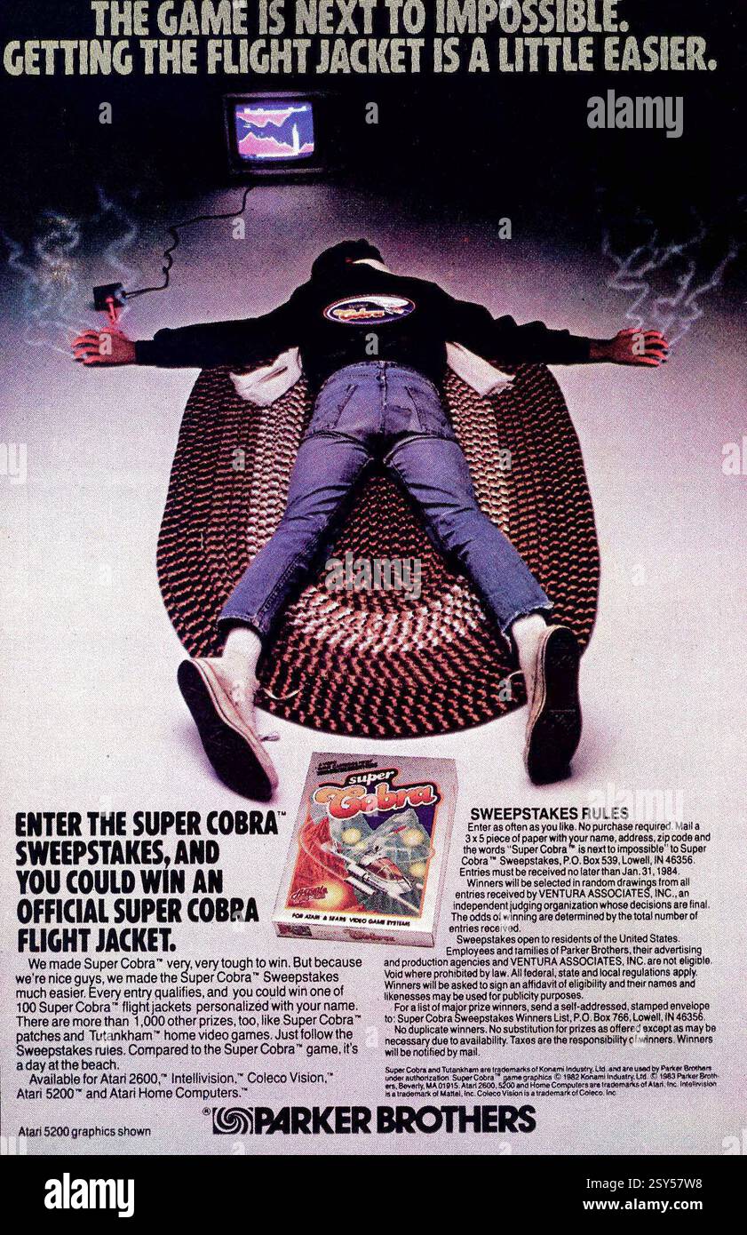 1983 annuncio per il gioco Super Cobra; lotterie; di Parker Brothers Foto Stock